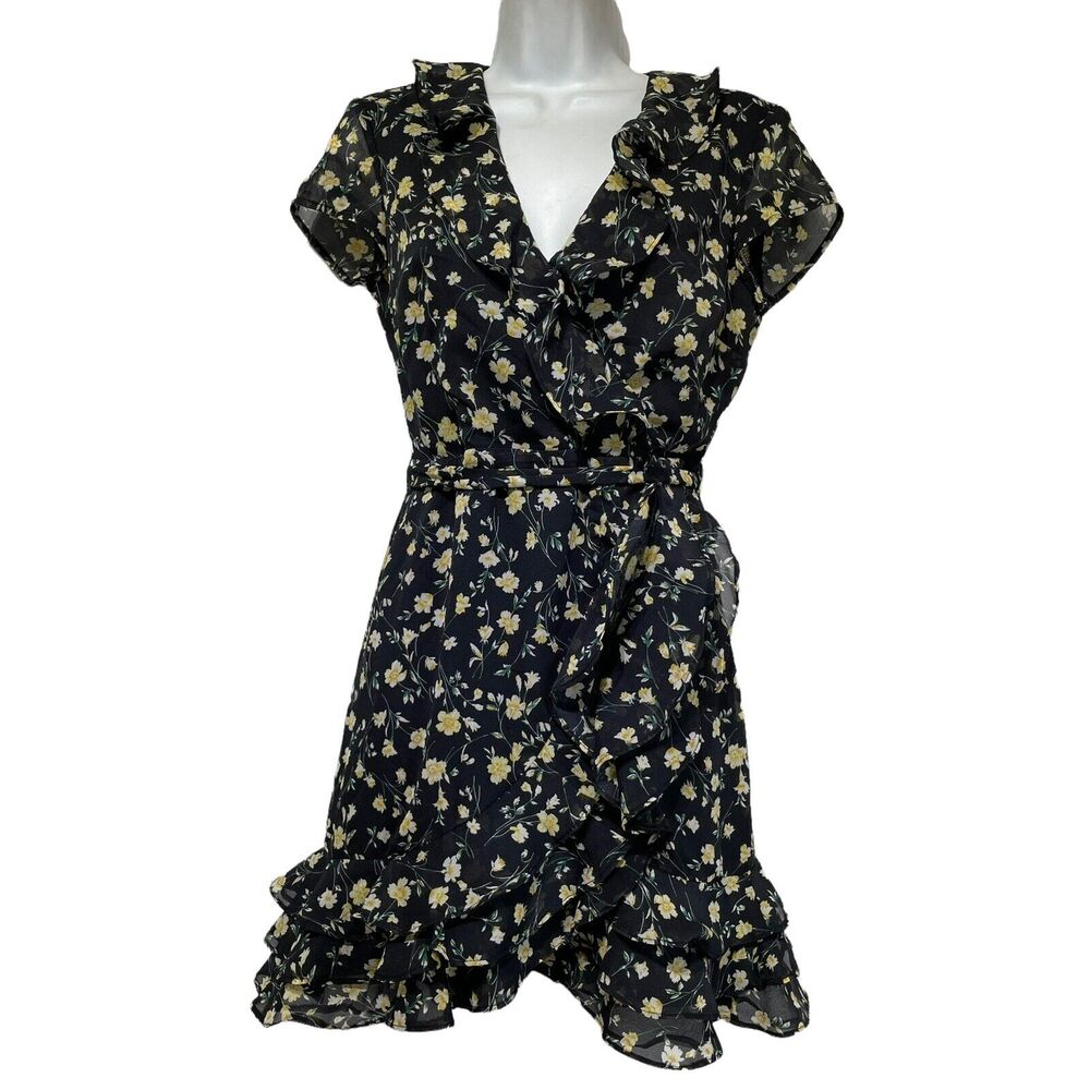 bardot black floral ruffle short dress size 4 XS